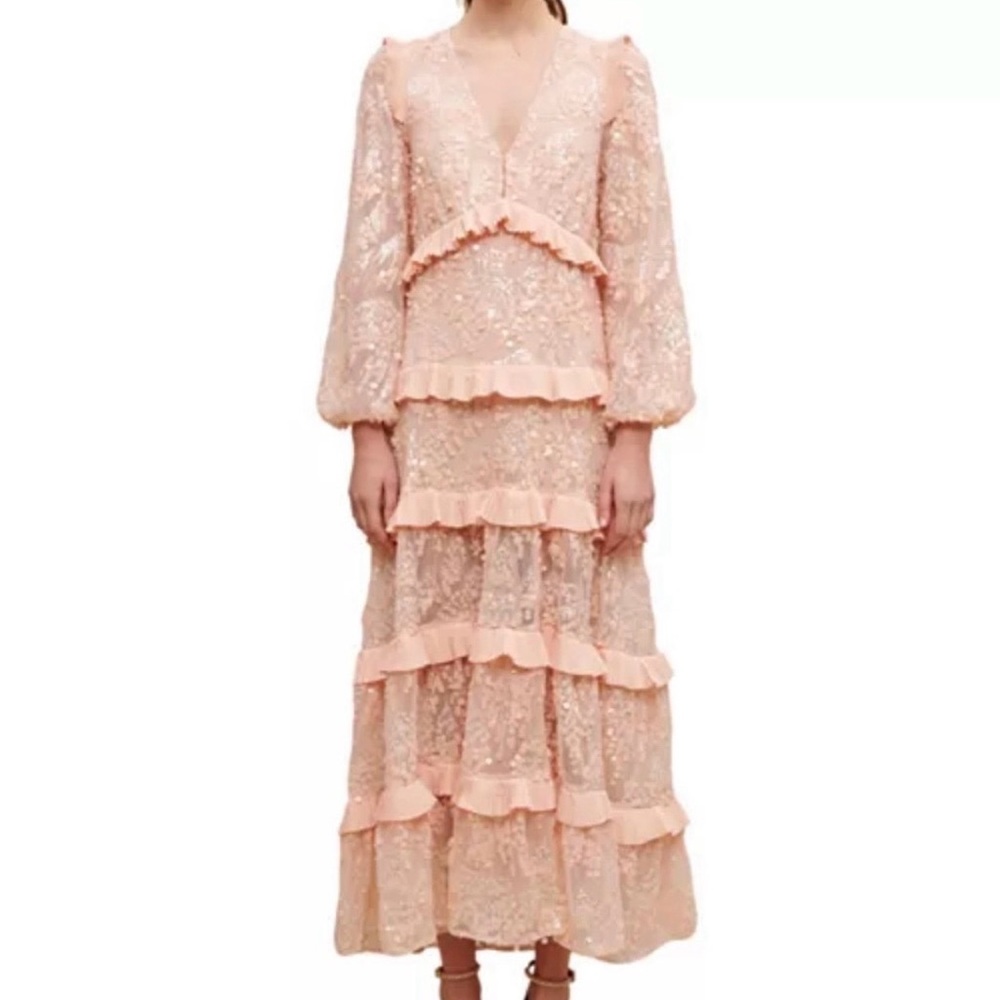 Maje Pink Long Sleeve Ruffle Lace Dress